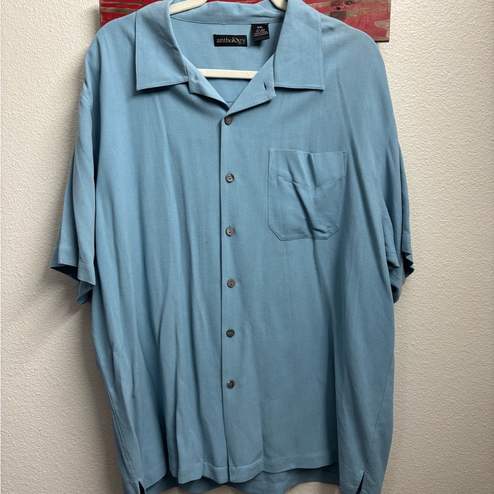 Blue Casual Silk Button Down Shirt with Relaxed Fit‎
